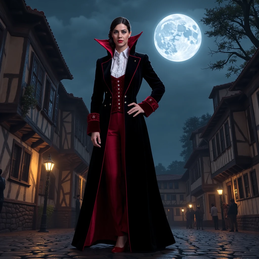 (Pivalora2), Envision Pivalora2 embodying Dracula as envisioned in the 1600s, standing confidently in the heart of a town square. The villagers can’t help but feel drawn to his refined presence and mysterious charm. His attire, a decadent blend of opulent velvet and rich red accents, starkly contrasts with the simplicity of the square. The night is alive with moonlight, casting an eerie yet captivating ambiance. The mood is an exquisite blend of tension and fascination, as if the trees themselves are holding their collective breath in reverence.