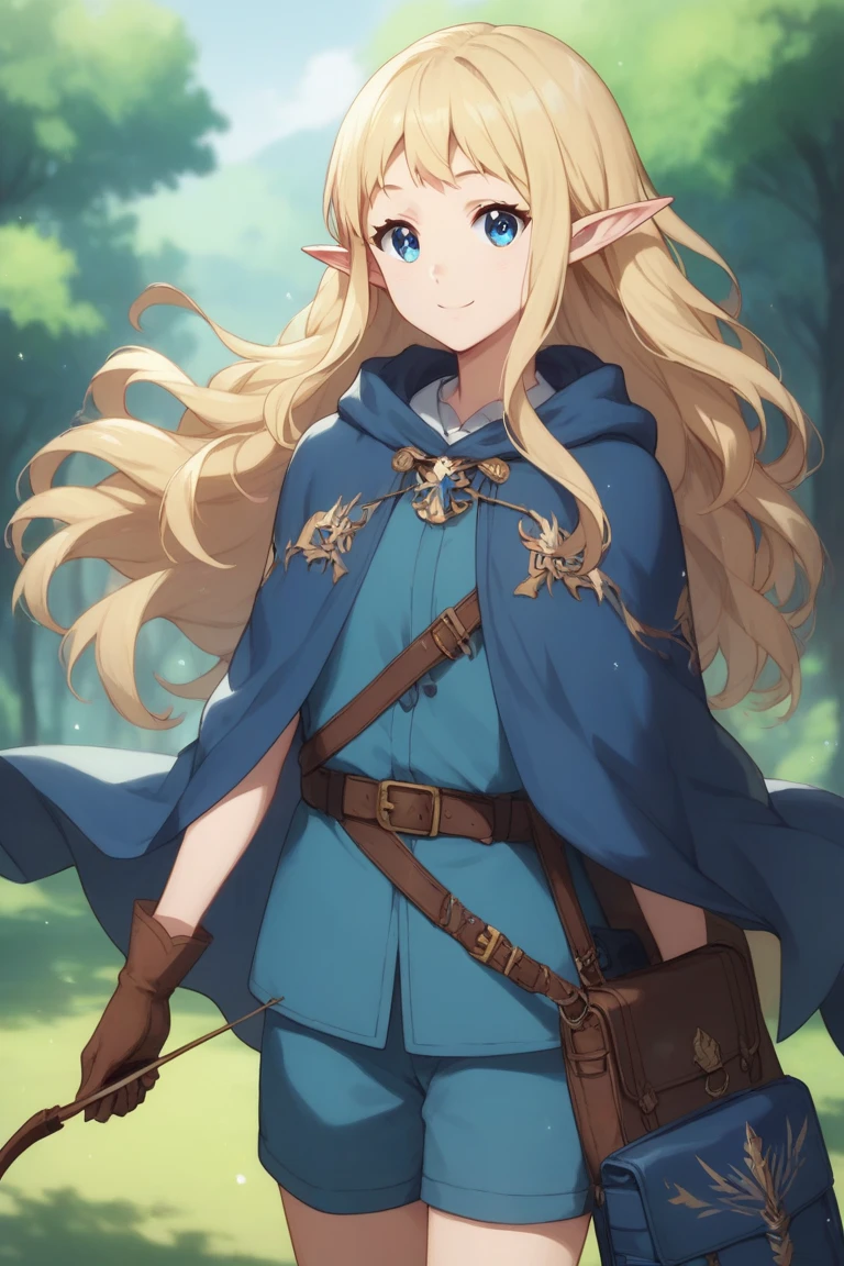 Ai shindou, masterpiece, Best Quality, Elf ,long hair, floating hair, blonde hair, blue sea eye, deeper eyes, elf ears, hoods, blue cloak, blue lightly tunic, gloves, Belt bag, blue shorts, Cowboy Shot, cute smile, forest, Looking at Viewer,Hold the bow and arrow