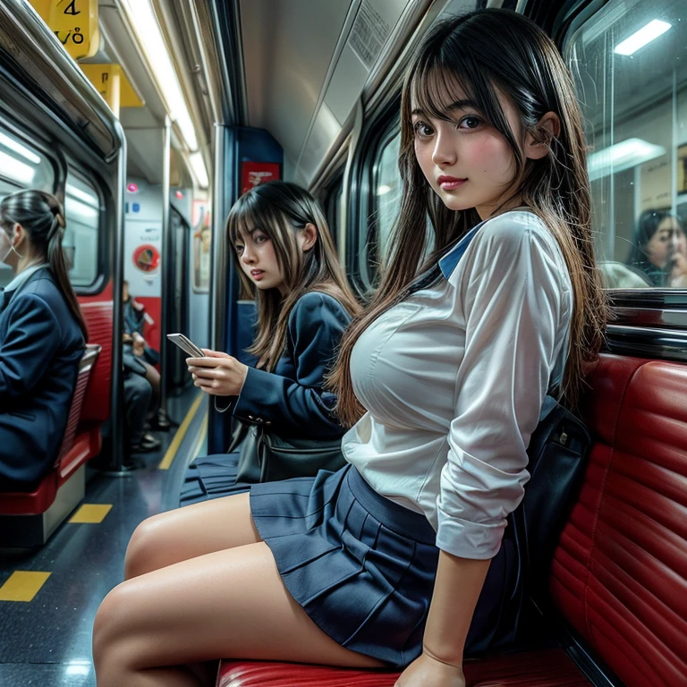 masterpiece,best quality,ultra detailed,3 women chatting on train,japanese train,casual fashion,standing,gigantic breasts,