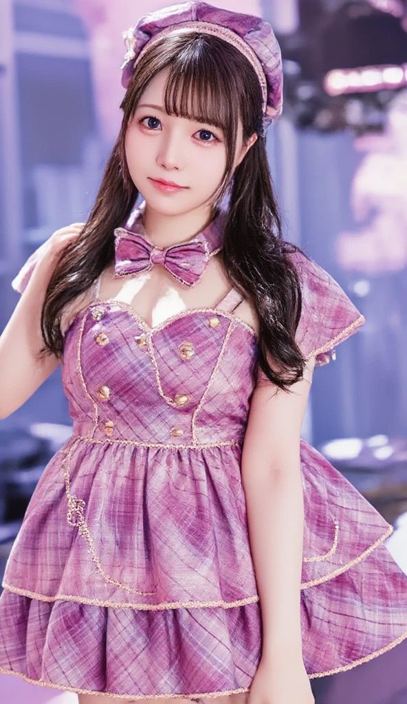 A hyper-realistic portrait of a beautiful 17-year-old Japanese girl dressed as an idol. She has long, golden-brown hair and sparkling bright eyes. Her outfit is a stylish idol uniform in shades of pink and purple, featuring a short pleated skirt, a fitted top with frills, and matching accessories. She is smiling radiantly in a cheerful pose, standing confidently on a stage setting with soft spotlights and a dreamy, vibrant atmosphere. Highly detailed and realistic lighting, with sharp facial features and smooth textures.