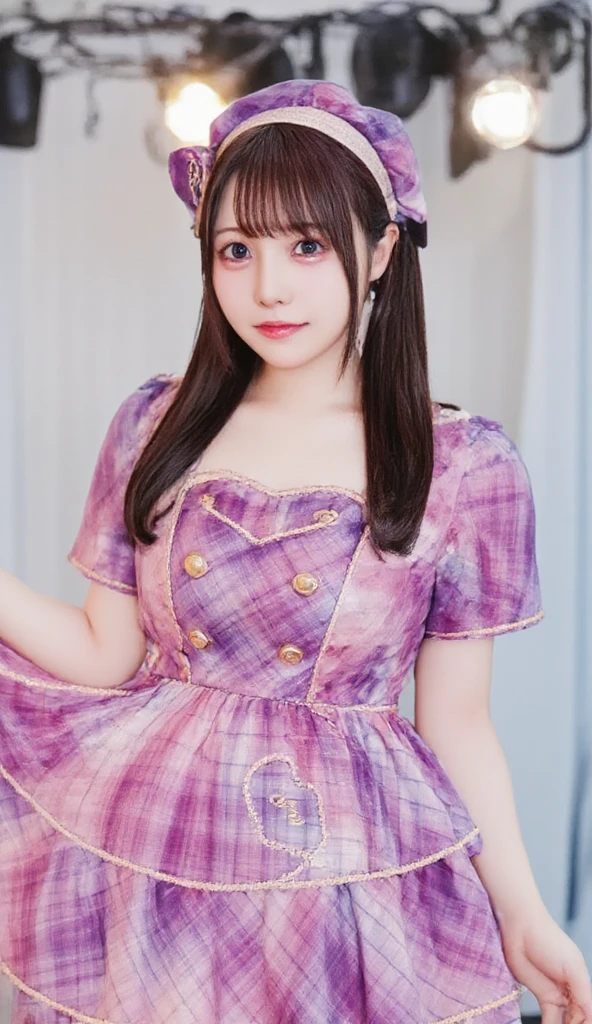 A hyper-realistic portrait of a beautiful 17-year-old Japanese girl dressed as an idol. She has long, golden-brown hair and sparkling bright eyes. Her outfit is a stylish idol uniform in shades of pink and purple, featuring a short pleated skirt, a fitted top with frills, and matching accessories. She is smiling radiantly in a cheerful pose, standing confidently on a stage setting with soft spotlights and a dreamy, vibrant atmosphere. Highly detailed and realistic lighting, with sharp facial features and smooth textures.