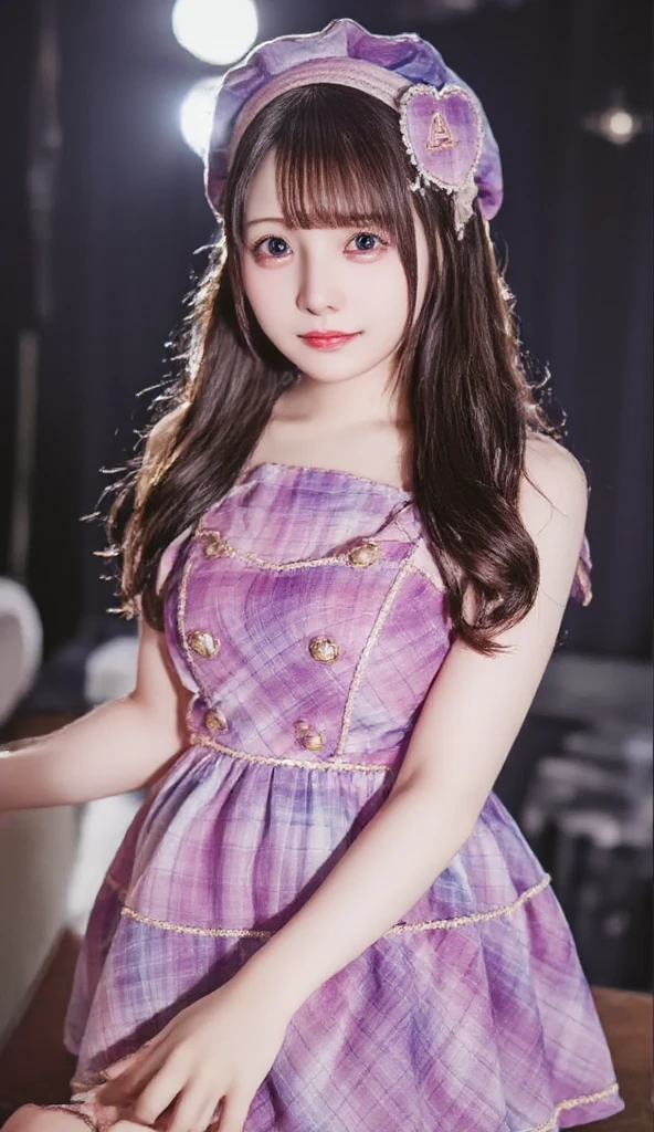 A hyper-realistic portrait of a beautiful 17-year-old Japanese girl dressed as an idol. She has long, golden-brown hair and sparkling bright eyes. Her outfit is a stylish idol uniform in shades of pink and purple, featuring a short pleated skirt, a fitted top with frills, and matching accessories. She is smiling radiantly in a cheerful pose, standing confidently on a stage setting with soft spotlights and a dreamy, vibrant atmosphere. Highly detailed and realistic lighting, with sharp facial features and smooth textures.