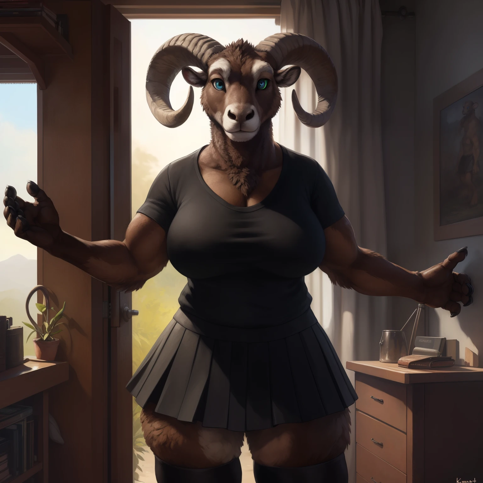solo, alone, 8k, fine details, (ultra detailed), a beautiful and detailed full size portrait of a female anthro bighorn sheep, bovid (((brown body, brown skin))), blue eyes, bedroom eyes, curvy figure, green sclera, slit pupils, wide body, voluptuous, High Dynamic Range, cinematic shot, detailed eyes, big body goddess, kenket, Ross Tran,ruan jia, vip, trending on artstation,foxovh, cenematic lighting, big breaths, big boobs, big , big butt, looking at viewer, (((black business outfit, nipple outline, crossed arms, black shoes)) full body, front view, standing, living room, detailed background,