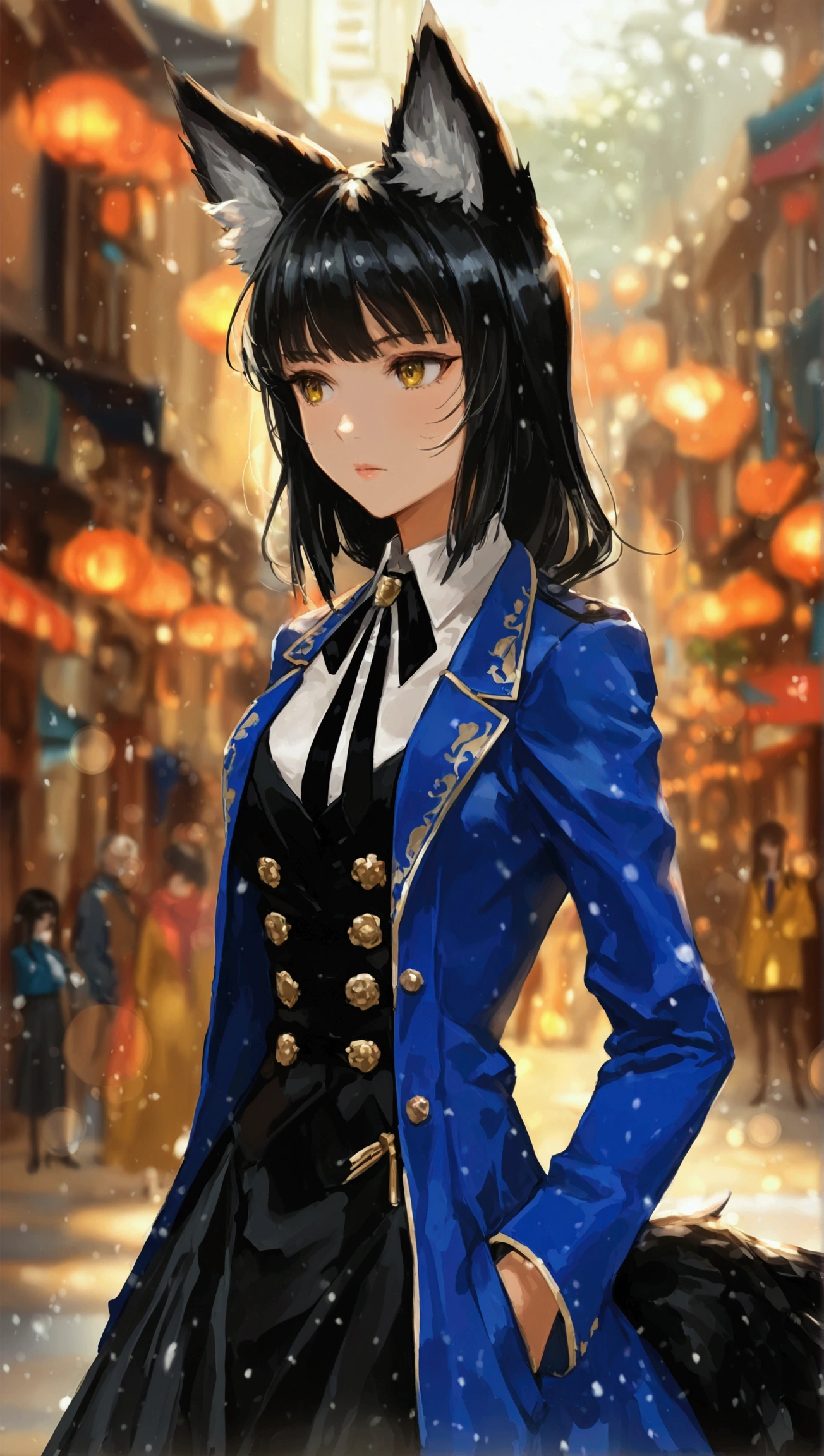 best quality,more detail,1 girl,hoshimi miyabi,black hair,long hair,straight hair,fox ears,black skirt,blue jacket,necktie,standing,street