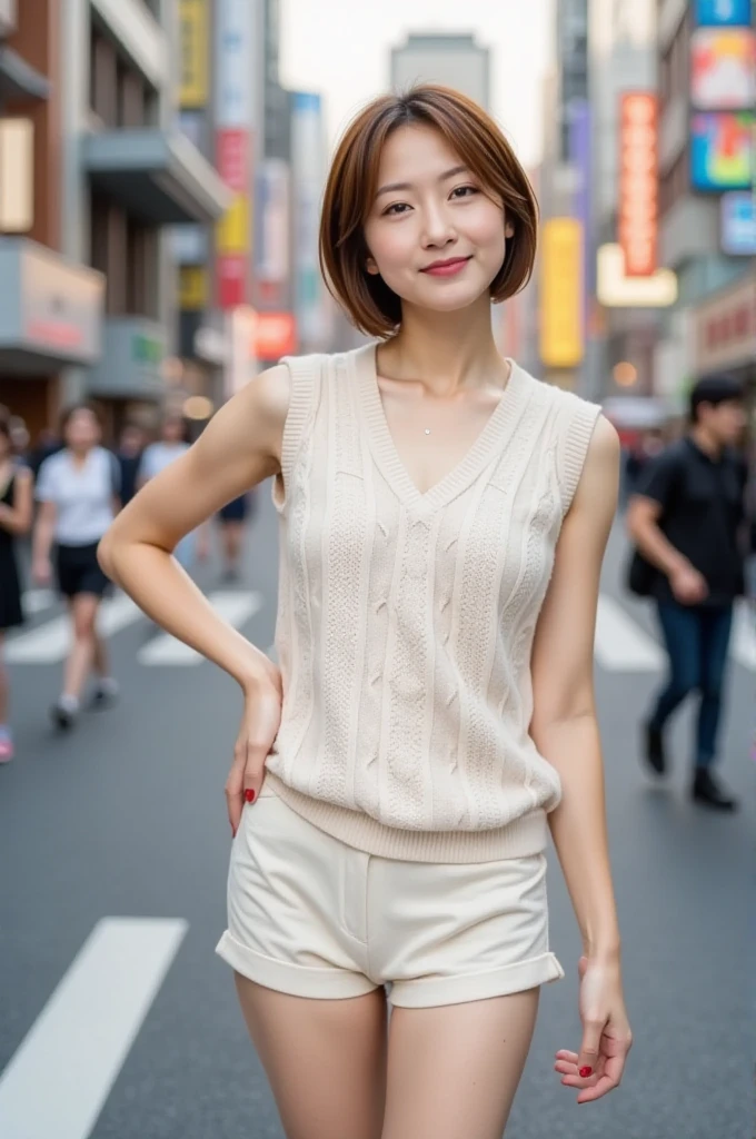 ((smallunderboob,Tomboyish,small heads)), (Well-defined abs: 1.1), (perfect bodies: 1.1), (short-length straighthair: 1.2), Black hair, collars, chain, Full body photo, crowding street, Wearing a gray vest，White cardigan，Long beige skirt split skirt，（极其细致的CG 8k壁纸），（Extremely refined and beautiful），（tmasterpiece），（best qualtiy：1.0），（超A high resolution：1.0），beautiful light up，Perfect lightning，realistic shaded，[A high resolution]，Delicate skin，ultra - detailed (((Colorful)))