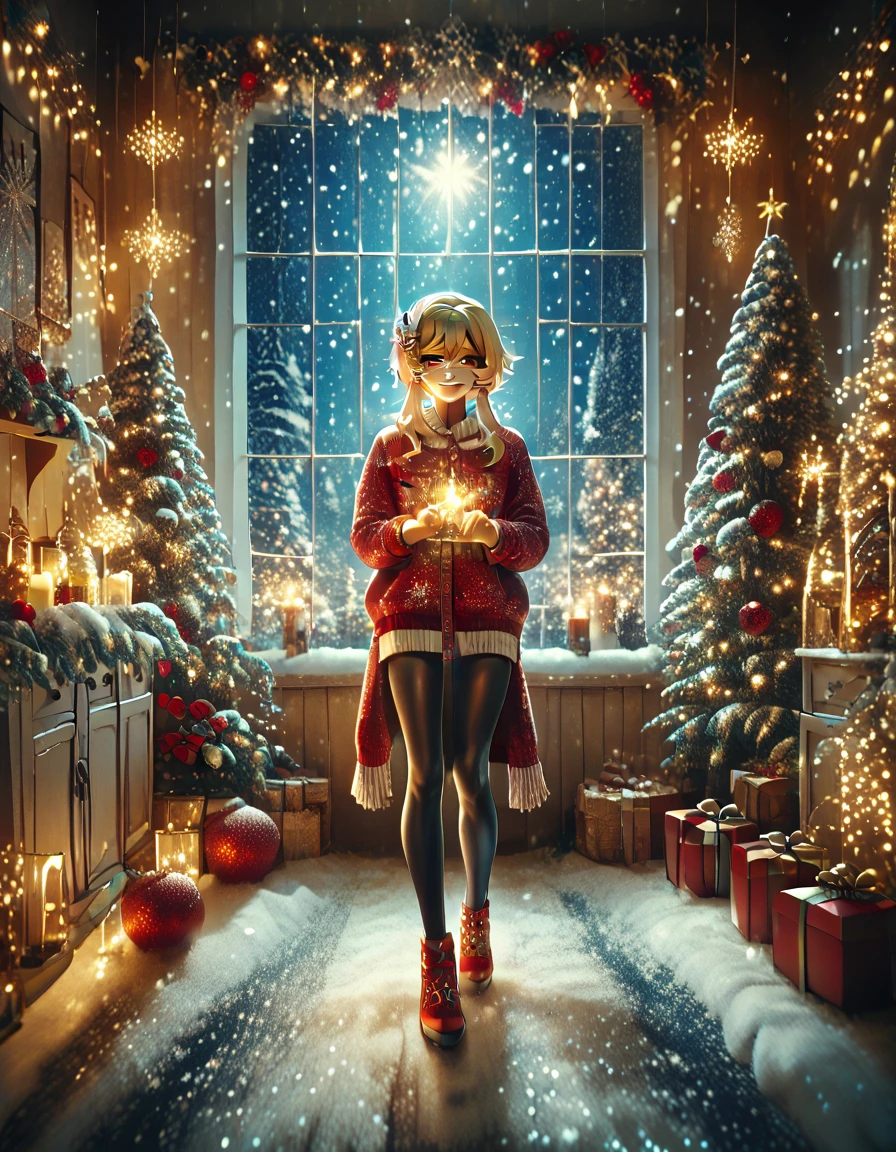 solo, happy look, happy smiling, happy atmosphere, Christmas, winter, snow, night sky, Lumine from Genshin Impact, eyeshadow, A young woman with fair skin, golden eyes and short blond hair. She's wearing a Christmas sweater and a plaid skirt, ( beautiful eyes:1.1), (perfect face, detailed face, detailed eyes, perfect eyes, perfect hands, perfect fingers, medium breast, upper body), perfect hands, detailed clothing, long legs full body, indoors, She stands next to the Christmas tree holding a sparkler in her hands, Christmas decorations on trees, New Year's Eve fireworks in the window on the background, (looking at the viewer),