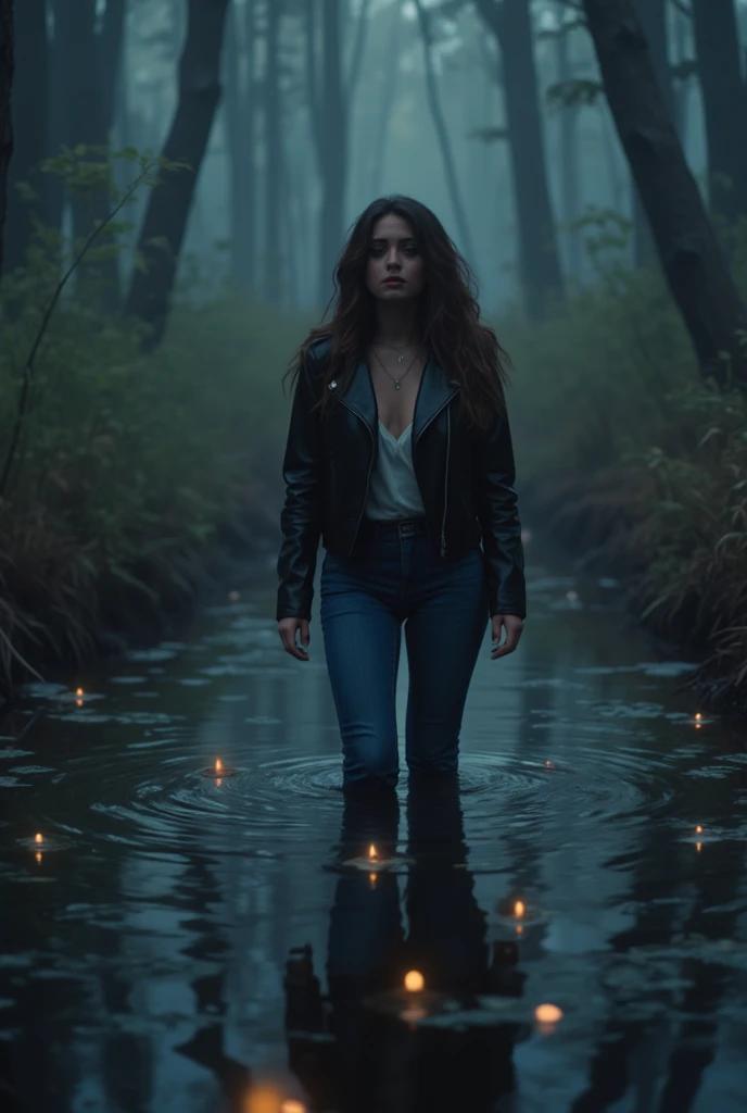 Night, dramatic lighting, (( Sacrificial Ritual)),  , a woman in jeans and a leather jacket drowns in a swamp in the forest, and experiencing gloomy ecstasy   