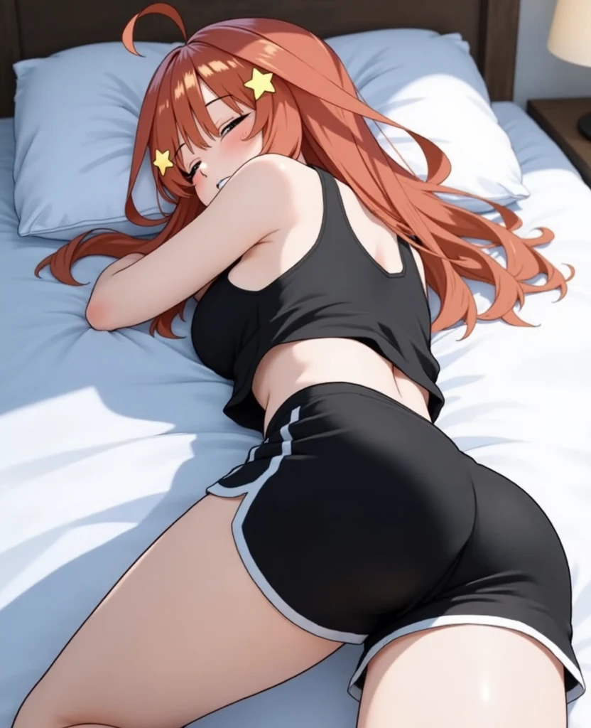 masterpiece, best quality, ultra-detailed, illustration, kawaii, detailed light, happy, smile, blush, Highlights hair, pink hair, beautiful detailed body, detailed sparkling eyes, 1girl, looking back, showing skin, buttocks, bare thighs, perfect limbs, underwear, on bed, full view of buttocks, showing buttocks, in heat,, legs open, show vagina