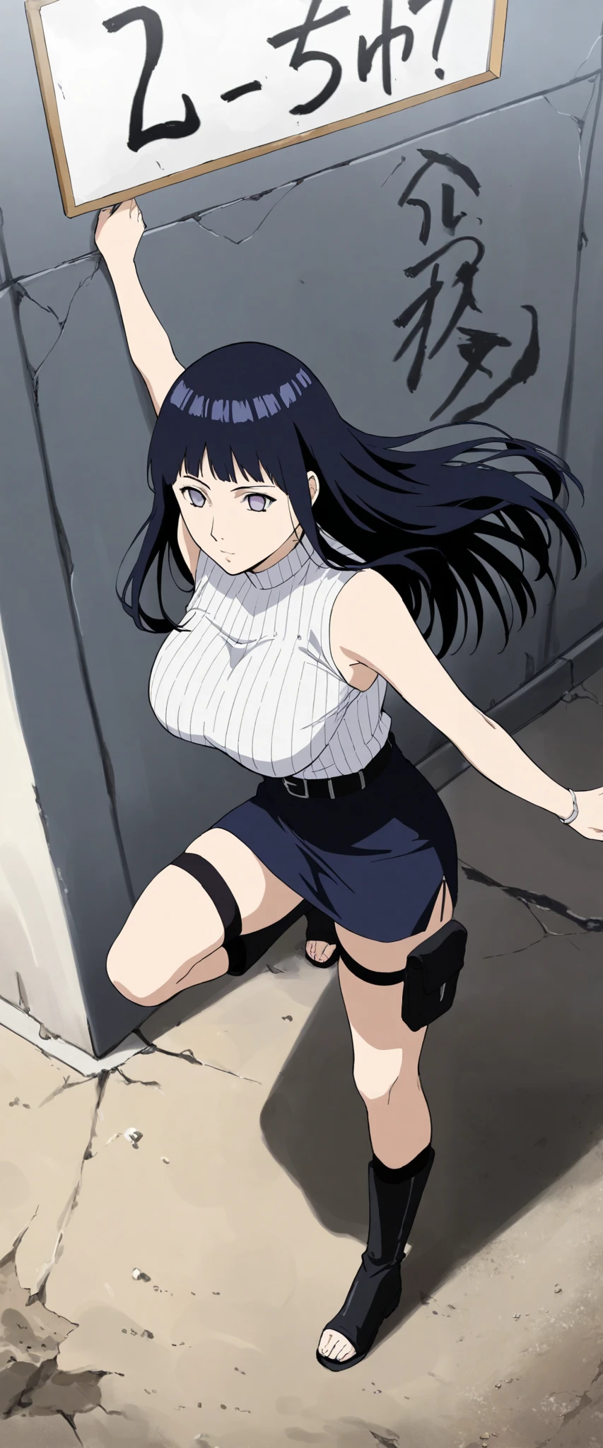 (Art board), (Best quality), (ultra detailed), highres icon, ultra detailed face, perfect lighting , highly detailed computer graphics, ( perfect hands , Perfect anatomy , Perfect body, beautiful eyes , perfect face, is a result of _9, is a result of _8_higher, is a result of _7_higher, issuer_Anime, break, ( one girl ,Alone), shoujo Hinata Hyuga, Dark blue hair , long hair, قصة شعر Short, no phigheril eyes, pale purple eyes, white shirt, ribbed shirt, sleeveless , belt, Short, purple Short, man braces, thigh bag, black over-the-knee socks, knee-high boots,Black shoes , toeless shoes, big _breasts, Familiar, mature, ثديين big ين, outdoors,