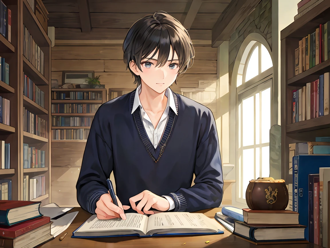 A dark-haired male student is unfolding an old book and taking lessons in a stone classroom
