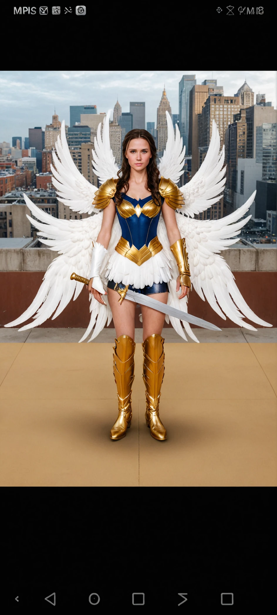 create a cinema style poster of a flight attendant in the middle of a blue sky flying over the clouds with sleeves of golden flames holding a briefcase with a lightning symbol written wings of power 