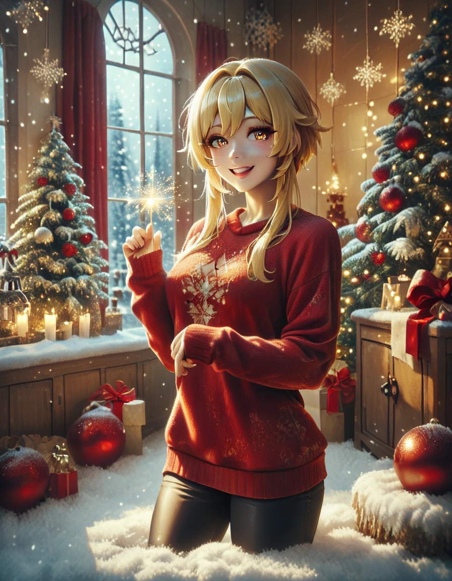 solo, happy look, happy smiling, happy atmosphere, Christmas, winter, snow, night sky, Lumine from Genshin Impact, eyeshadow, A young woman with fair skin, golden eyes and short blond hair. She's wearing a Christmas sweater and a plaid skirt, ( beautiful eyes:1.1), (perfect face, detailed face, detailed eyes, perfect eyes, perfect hands, perfect fingers, medium breast, upper body), perfect hands, detailed clothing, long legs full body, indoors, She stands next to the Christmas tree holding a sparkler in her hands, Christmas decorations on trees, New Year's Eve fireworks in the window on the background, (looking at the viewer),