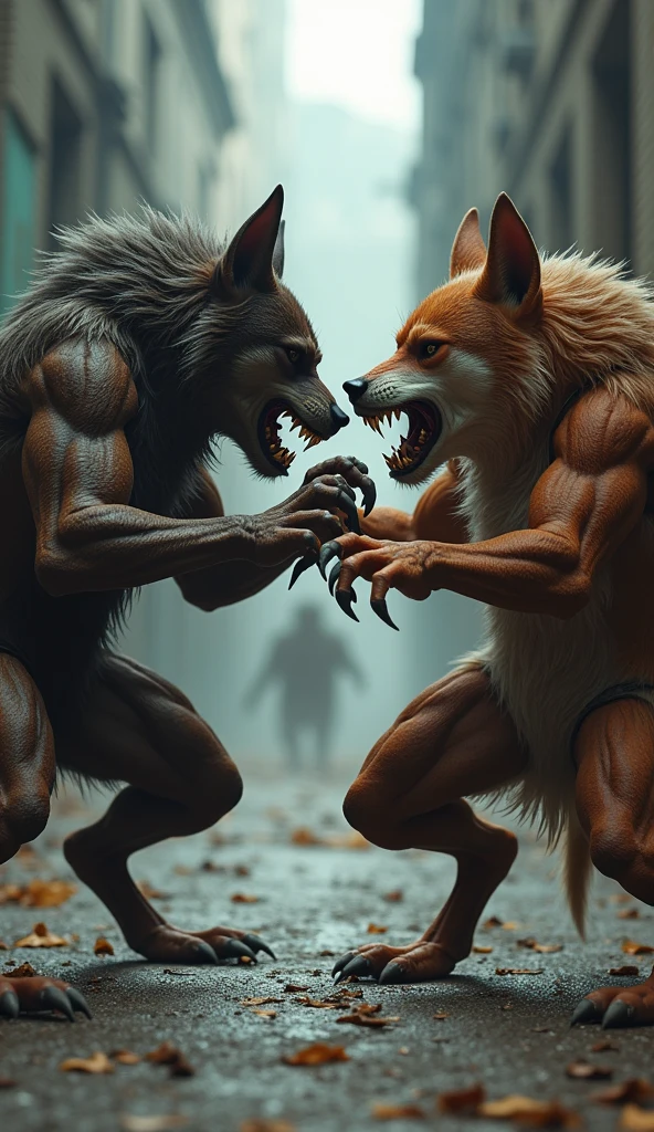 3D rendering of the Black Wolf kicking Tom Cat in the chest. Tom Cat is recoiling from the impact, and the force of the kick is highlighted by the action and movement in the scene.both Fighter are big muscles and six packs 