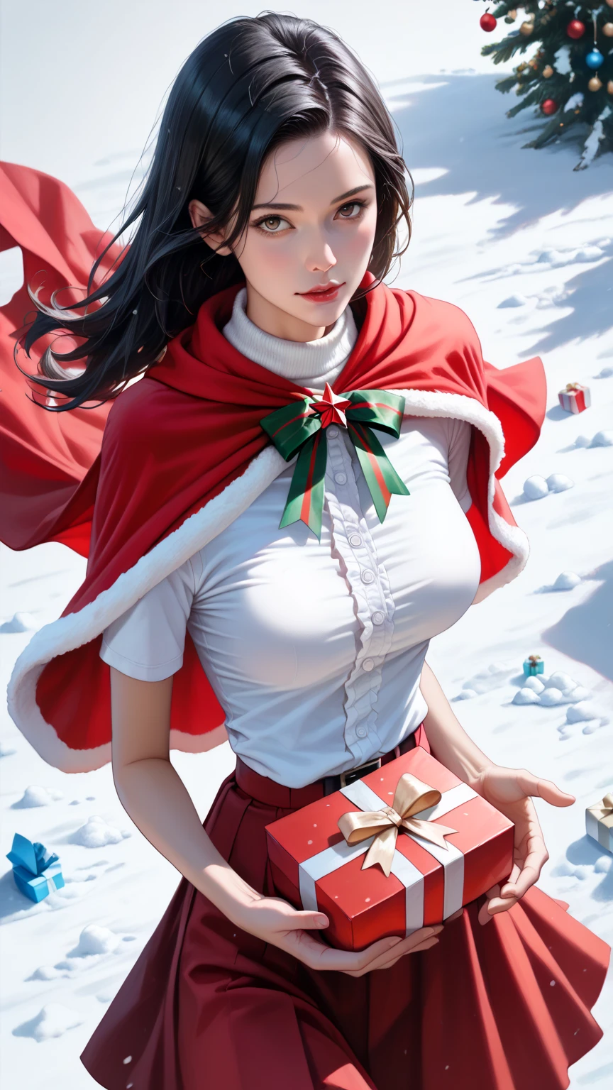 score_9,score_8_up,score_7_up,high res image,masterpiece,best quality,realistic,1girl,santa_costume,white_shirt,(red cape:1.2),(red skirt:1.2),snow,(upper_body:1.2),(dynamic_angle:1.3),(medium breasts:1.3),(come out of the gift box:1.6),(black hair:1.3),