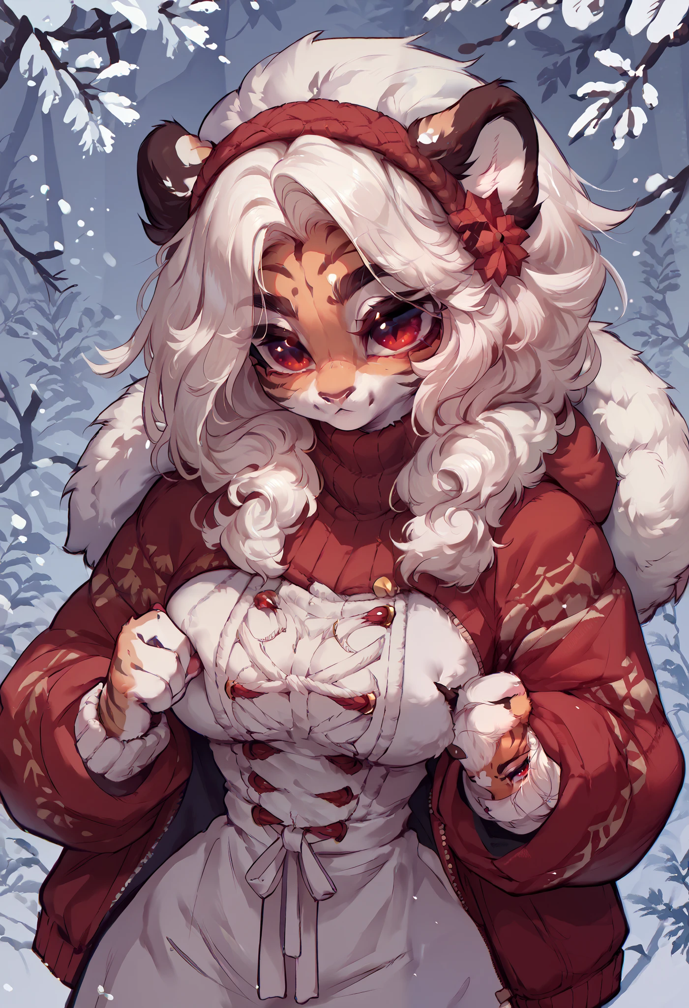 Furry tiger with red eyes big breasts  , cute appearance in winter clothes Long white hair