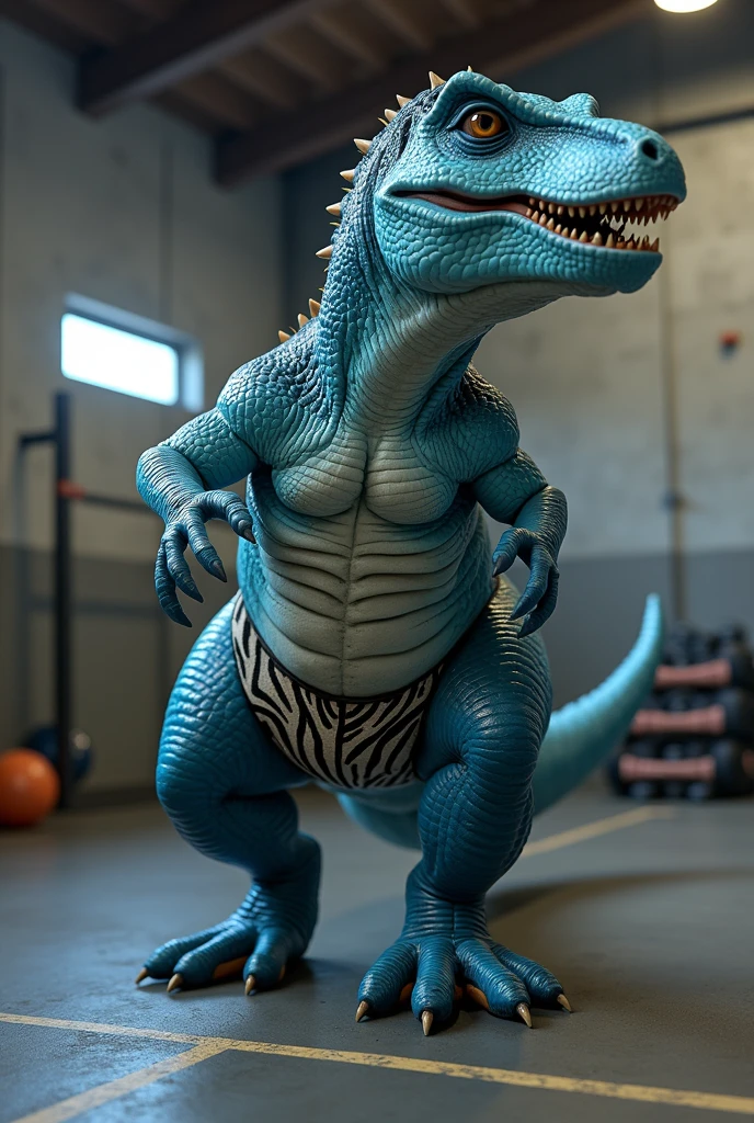 white anthro giant tyrannosaurus with chubby build, gigantic hyper muscles, super broad shoulders, giant lats, huge round heavy pecs, massive arms, thick thighs, big thick tail, giant bulge in boxers,, with collar, lying on sofa too small for him, dynamic pose