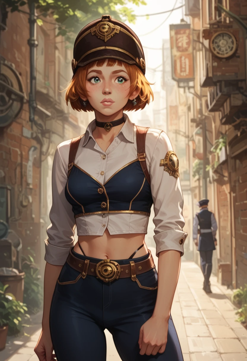 Maddie Nolan , no hat,  choker , Thong peeked out ,  big eyes, uniform Crop top ,  uniform tight pants, MEDIUM SHOT, Steampunk Alley, 