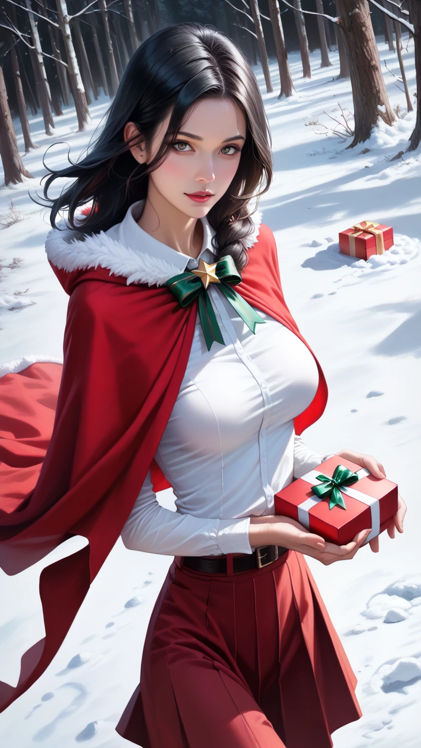 score_9,score_8_up,score_7_up,high res image,masterpiece,best quality,realistic,1girl,santa_costume,white_shirt,(red cape:1.2),(red skirt:1.2),snow,(upper_body:1.2),(dynamic_angle:1.3),(medium breasts:1.3),(come out of the gift box:1.6),(black hair:1.3),