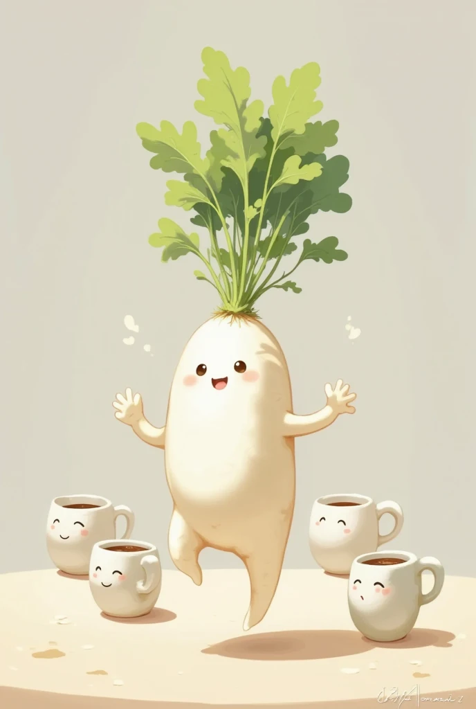 Mugs, A running daikon is drawn, table