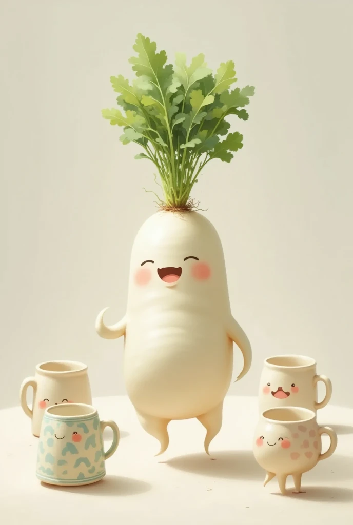 Mugs, A running daikon is drawn, table