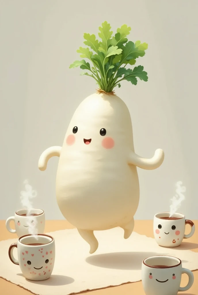 Mugs, A running daikon is drawn, table