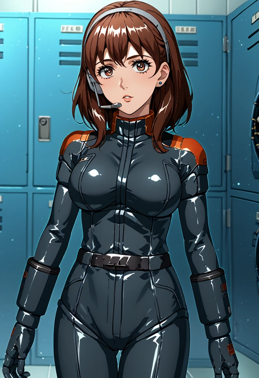 Z Gundam pilot suit, ( Black pilot suit for piloting a machine:1.5) 、,score_9、 score_8_  up、 score_7_  up、  Destroys Top Quality 、 Refined details 、  Source Anime  、  1 girl、、Alone、half,  Noel Anderson 、 Shorthair、 brown hair 、 brown eyes、 headset、Clear Eyes、Bright pupils、 beautiful eyes、 Big, Bushy Breasts 、、 Locker room 、