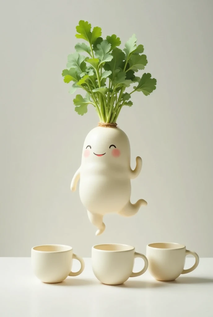  realistic , live-action, Mugs, A running daikon is drawn, table