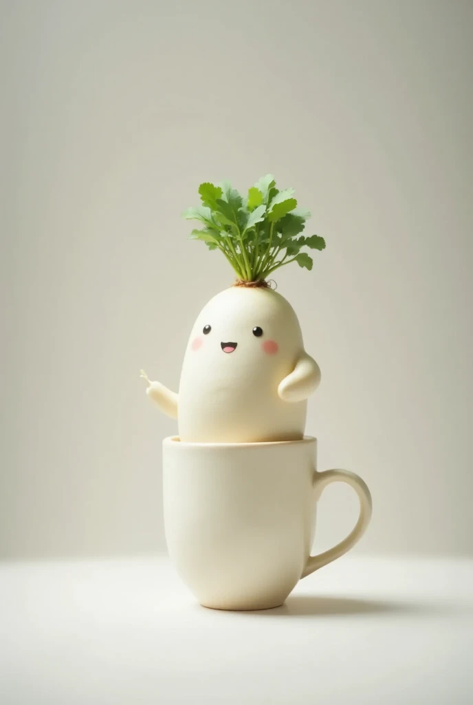  realistic , live-action, Mugs, A running daikon is drawn, table