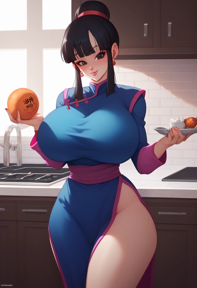  big boobs, Chi-Chi(Dragon ball)lipstick ,huge breasts,giant breasts,  huge boobs, Dragon Ball art style, Qipao yellow with long sleeves, Dragon Ball style eyes,black eyes,huge boobs,kitchen, transparent clothing,blushed