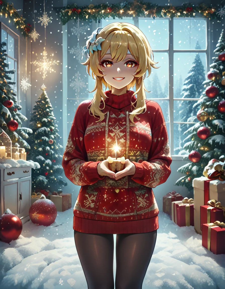 solo, happy look, happy smiling, happy atmosphere, Christmas, winter, snow, night sky, Lumine from Genshin Impact, eyeshadow, A young woman with fair skin, golden eyes and short blond hair. She's wearing a Christmas sweater and a plaid skirt, ( beautiful eyes:1.1), (perfect face, detailed face, detailed eyes, perfect eyes, perfect hands, perfect fingers, medium breast, upper body), perfect hands, detailed clothing, long legs full body, indoors, She stands next to the Christmas tree holding a sparkler in her hands, Christmas decorations on trees, New Year's Eve fireworks in the window on the background, (looking at the viewer),