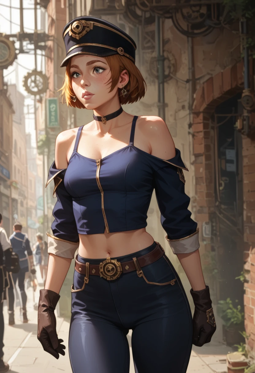 Maddie Nolan , no hat,  choker , Thong peeked out ,  big eyes, camisa blanca, uniform dark blue Crop top , black thong,  uniform dark blue tight pants, MEDIUM SHOT, Gloves, Steampunk Alley, 