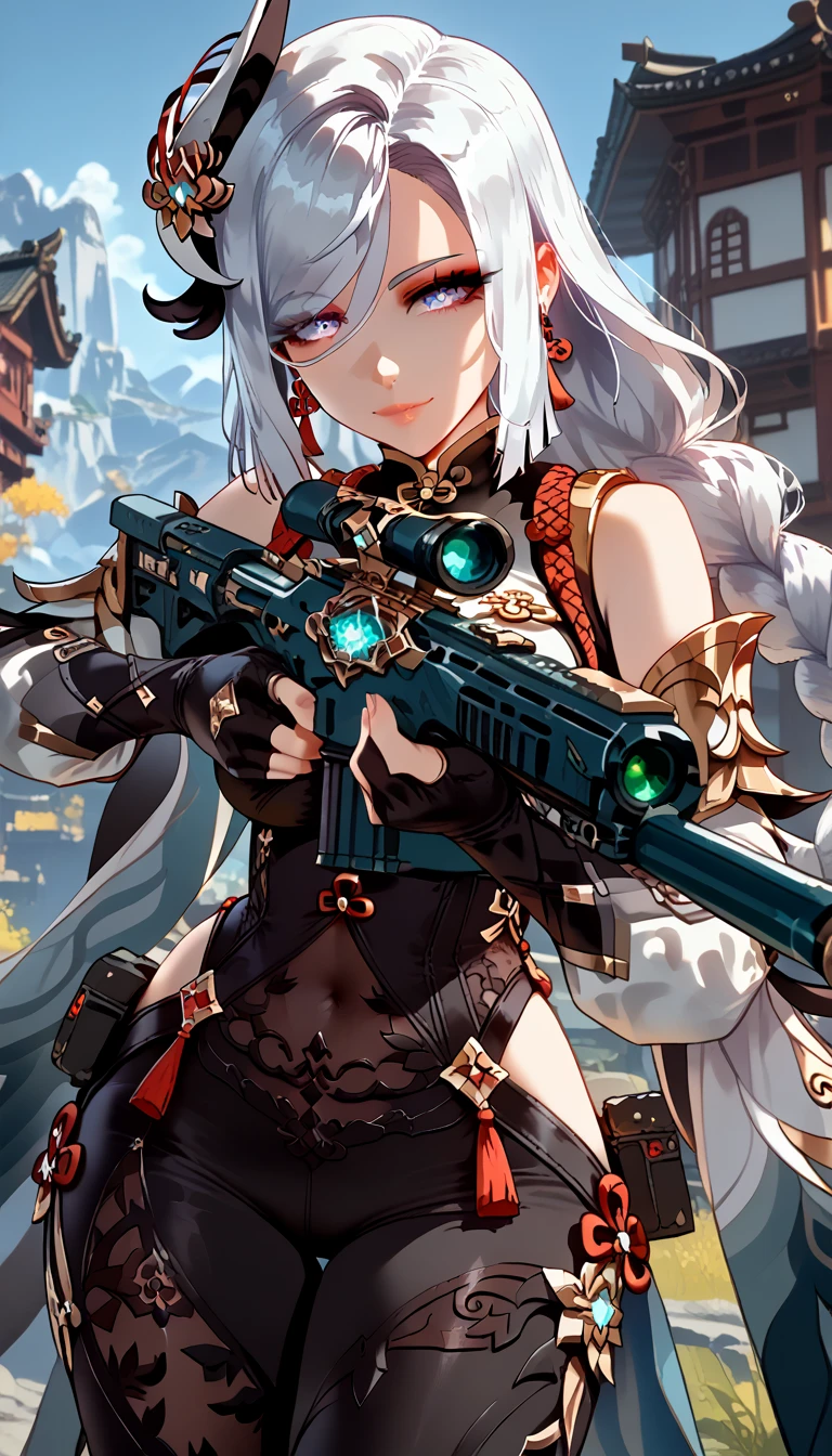 (masterpiece:1.4), (best quality:1.4), (high resolution:1.4),official art, beautiful and aesthetic,1girl, <lora:gatling_gun_lora01:0.7>, gatling gun, gun,shell casing, looking at viewer, bangs, ammunition belt, gloves,breasts,firing, extreme detailed,highest detailed,optical mixing, playful patterns, lively texture, unique visual effect, <lora:add_detail:1>, WarriorStyle