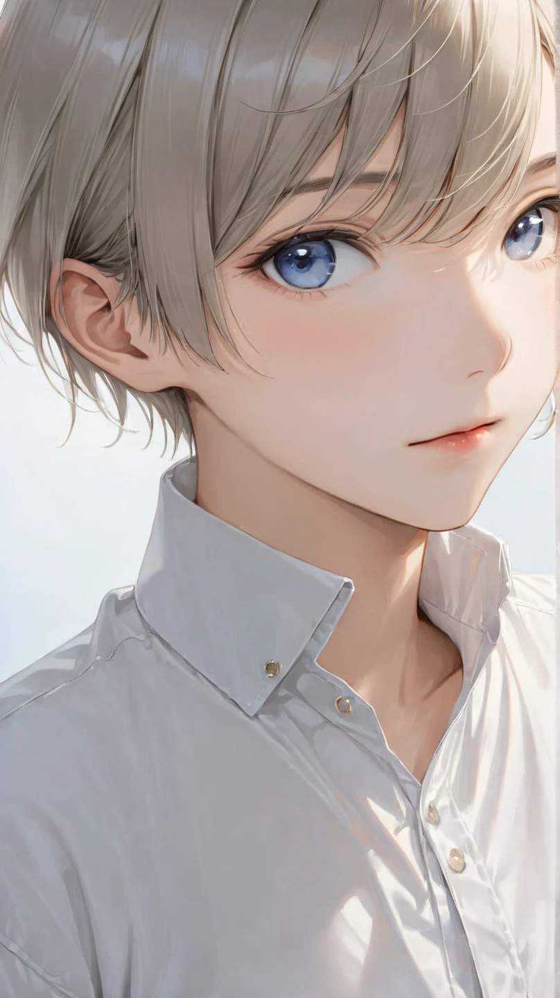 (1girl:1.3), (masterpiece:1.5), (best quality:1.5), (ultra-detailed), 8k, high-resolution, crisp details,\n2D anime style, sharp line art, flat shading, clean outlines, simple and elegant composition, cinematic lighting,\n(very short hair:1.9), (tousled gray hair with a faint bluish tint:1.3), sleek and casual hairstyle with soft layers,\n(boyish and androgynous charm:1.9), (calm and introspective young woman:1.3), neatly styled nape, low volume hair,\n(swept bangs:1.7), glossy hair, soft expression, serene and gentle smile,\nbeautiful face, well-defined jawline, high cheekbones, expressive and captivating eyes, slightly downturned eyes,\npink lips (subtle:0.3), smooth and flawless skin, radiant glow, refined features,\nperfect anatomy, slender and tall body, long legs, well-proportioned, (medium breast:1.5), (beautiful curves,\n(shiny black bunny suit:1.5), (playboy bunny:1.7), white collar, white wrist cu