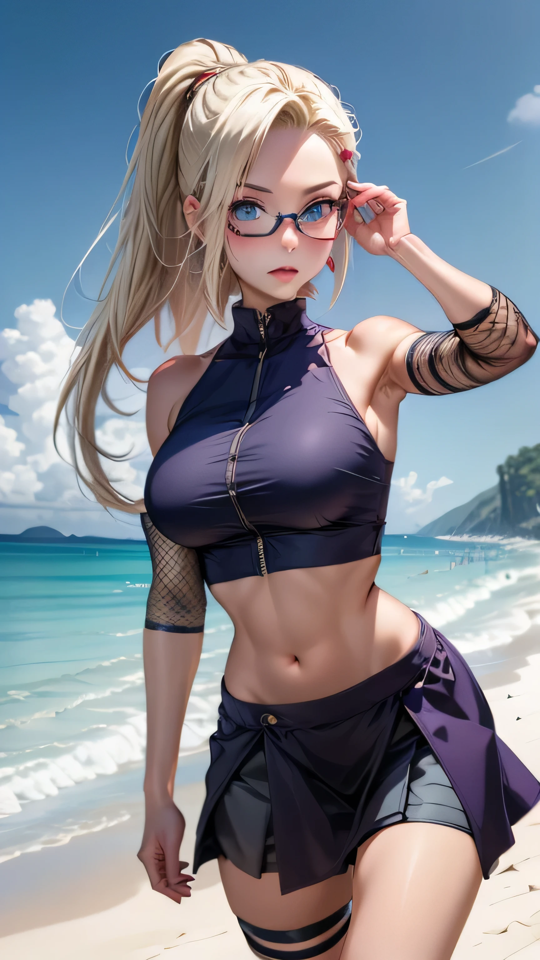 Ino Yamanaka, anime naruto, alone,  high resolution,   long hair,  breasts ,  big breasts,  glasses on the head,  The best quality,  beach background 