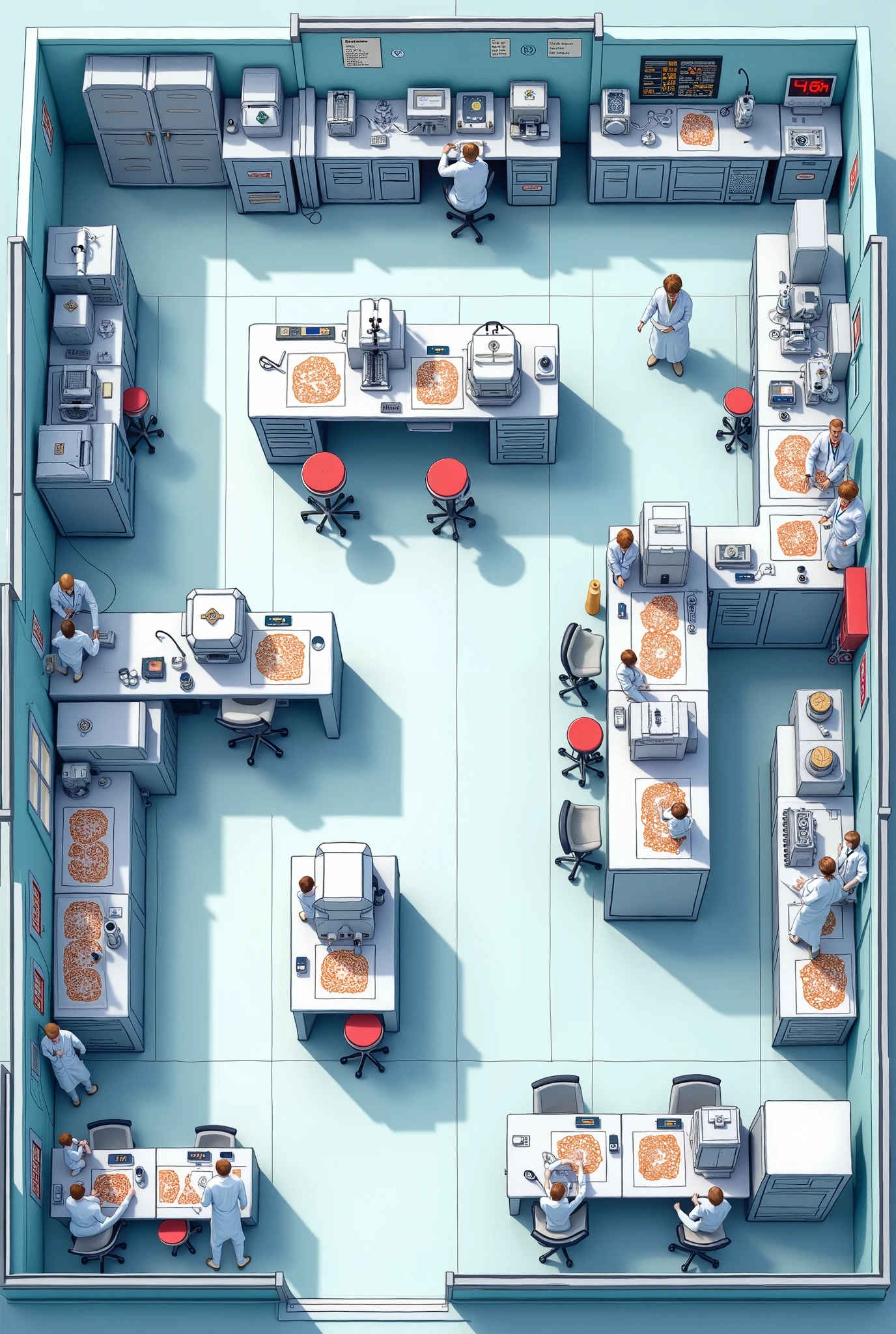 Drawing of the blood bank area of a clinical laboratory that includes the interview area, the preliminary area and the area for filling the blood bag.