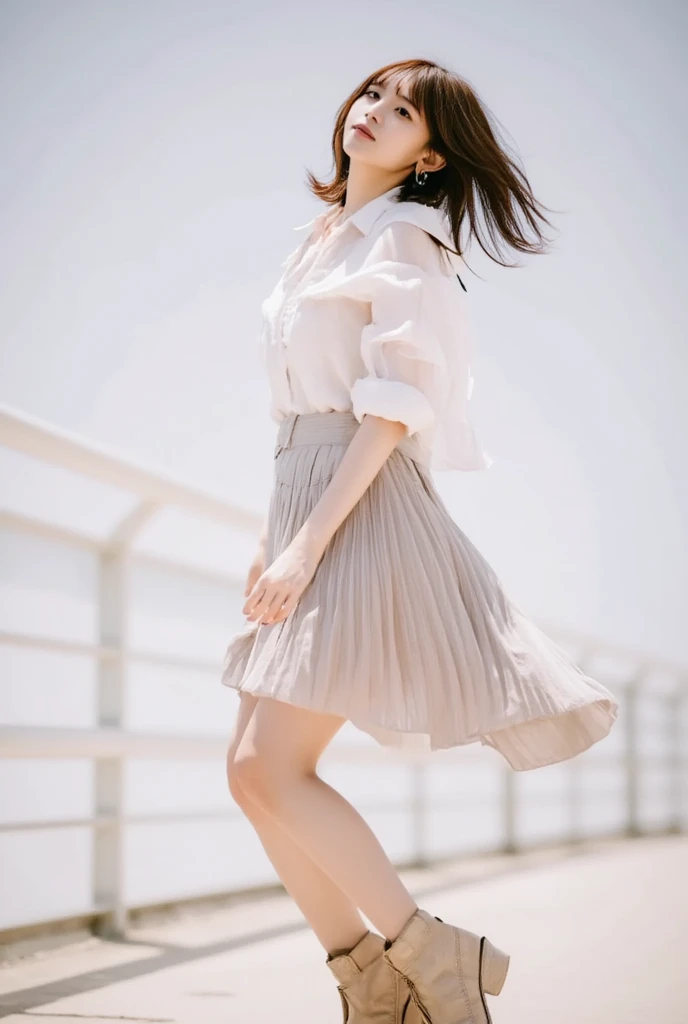  The loose blouse and pleated skirt are fun to jump in inseam length outfits、Depiction of the subject from below 
