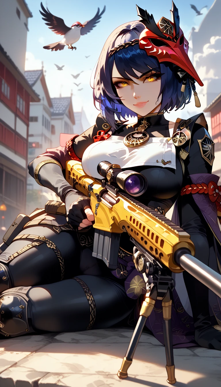 ultra-detailed, 1girl, (\jiu tiao\), kujou sara, ((masterpiece)), (best quality), (highres), 16K, yellow eyes, short hair, mask on head, bird mask, swept bangs, wearing tactical clothes, tactical belt, black thong, knee pads, busty body, large breasts and a beautiful ass, showcasing cleavage, legs, hips, (holding Sniper Rifle), looking at viewer, smiling, detailed face, detailed hair, detailed full body, rooftop background