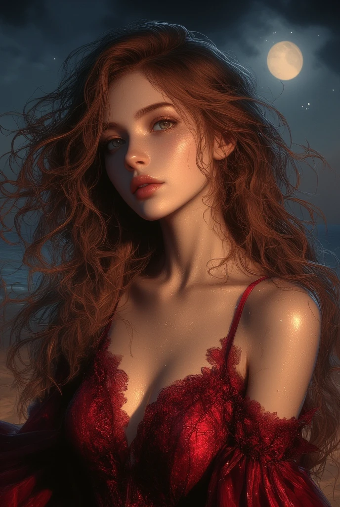 "(((obra-prima))), melhor qualidade, ultra-detallhado, High resolution CG image with a beautiful woman with red hair with bright violet eyes like detailed constellations, retratados em detalhes fascinantes. rosto delicado, closed lips and realistic eyes, His delicate body is accurately represented at every angle. Ela possui longos cabelos ruivos que caem suavemente sobre seu vestido. The upper part of his body is sculpted to perfection. "
