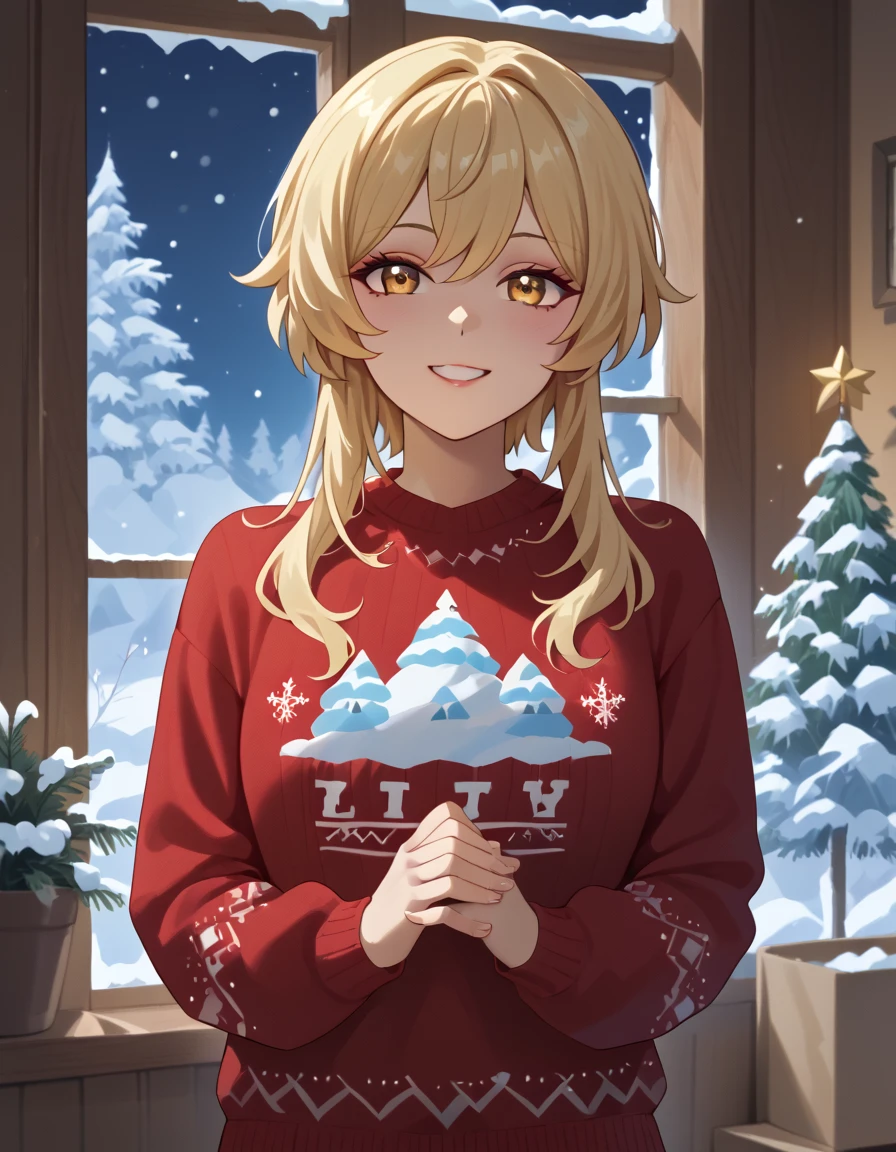 solo, happy look, happy smiling, happy atmosphere, Christmas, winter, snow, night sky, Lumine from Genshin Impact, eyeshadow, A young woman with fair skin, golden eyes and short blond hair. She's wearing a Christmas sweater and a plaid skirt, ( beautiful eyes:1.1), (perfect face, detailed face, detailed eyes, perfect eyes, perfect hands, perfect fingers, medium breast, upper body), perfect hands, detailed clothing, long legs full body, indoors, She stands next to the Christmas tree holding a sparkler in her hands, Christmas decorations on trees, New Year's Eve fireworks in the window on the background, (looking at the viewer),