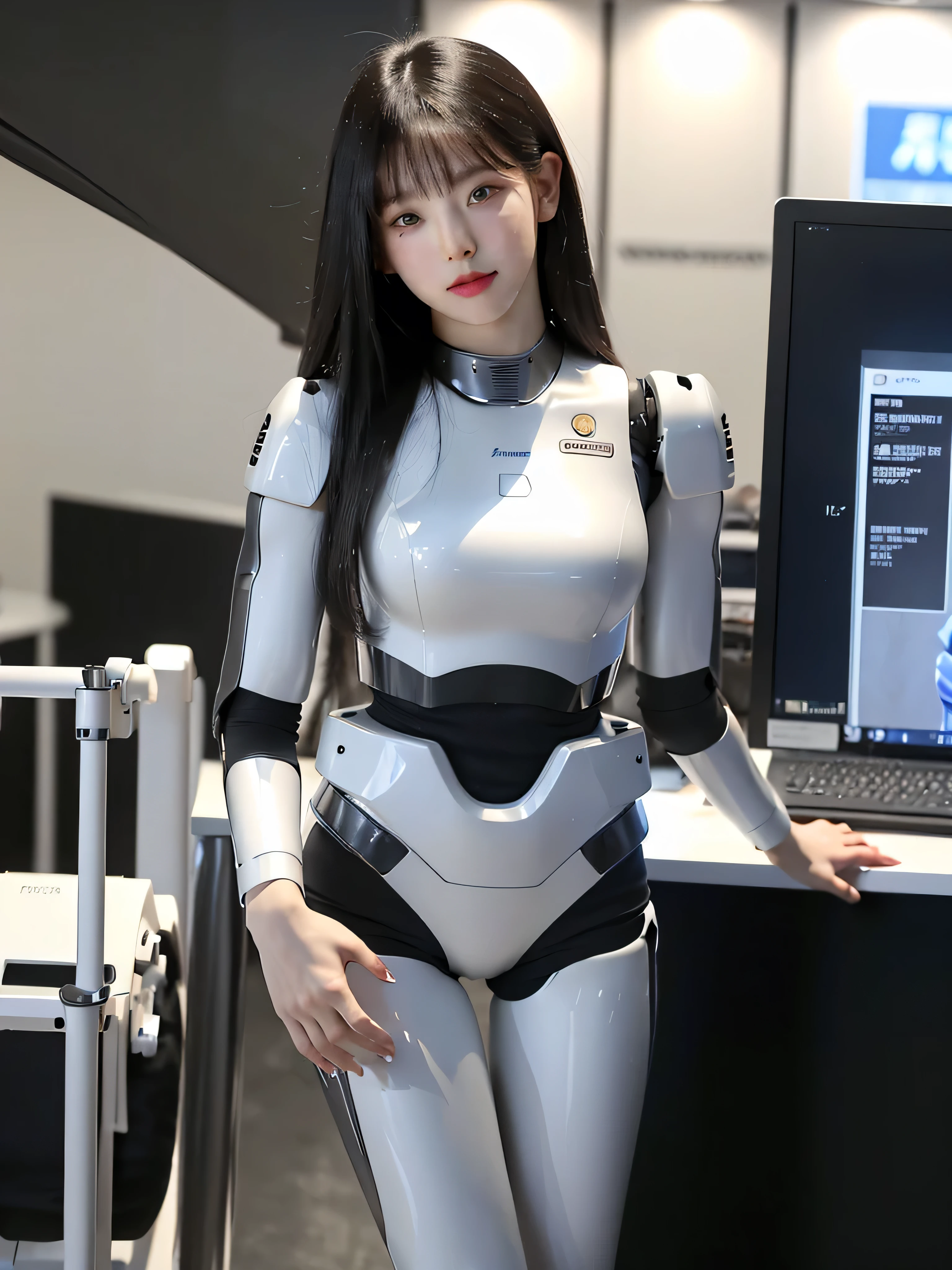 masterpiece, Best Quality, Extremely detailed, (Photorealistic:1.4), (8K, 4K, Best Quality, hight resolution, 超A high resolution:1.1), 8K Portrait,korean android girl,Plump , announcer,control panels,android,Droid,Mechanical Hand, ,Robot arms and legs, Black hair,Mechanical body,Blunt bangs,White Robotics Parts,perfect robot woman,Charging spot,Long Tube,A thick cable was connected to his neck.,ceramic body ,Mechanical body, mechanical ear covers,android,robot humanoid,a bit Chubby,pantiy,complete eyes,Perfect machine body,White robot body,The laboratory of the future,android factory,mechanical ear covers,White and light blue uniform,light blue accent costume, 20 years old, masterpiece, best quality, extremely detailed, (8K, 4K, Best Quality, hight resolution, A high resolution:1.1), 8K portrait,1girl in, Korean android girl, aespa karina, android teacher,Plump , control panels,android,Droid,Mechanical Hand, ,Robot arms and legs, Black hair,Mechanical body,Blunt bangs,White Robotics Parts,perfect robot woman,Charging spot,Long Tube,A thick cable was connected to her neck,ceramic body ,android,robot humanoid,a bit chubby,panty,full eyes,perfect mechanical body,white robotics body,future assembly plant,white body,She has repaired,black sponge joints,android assembly plant,android,laboratory,perfect machine body,white robot body, body by hrp-4c, face by aespa karina, aespa karina's face, blue eyes, sharp face shape, 20 years old, perfect nose shape, small nose, hrp-4c's body suit, robot suit from HRP-4C, face shape from aespa karina, cute face shape, sexy face shape