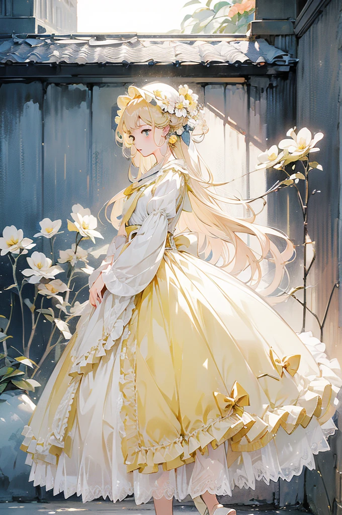 1 anime girl in a light yellow gauze skirt standing in front of a flower wall,cabellos largos dorados，Soft anime illustration,Guviz, style of anime4 K