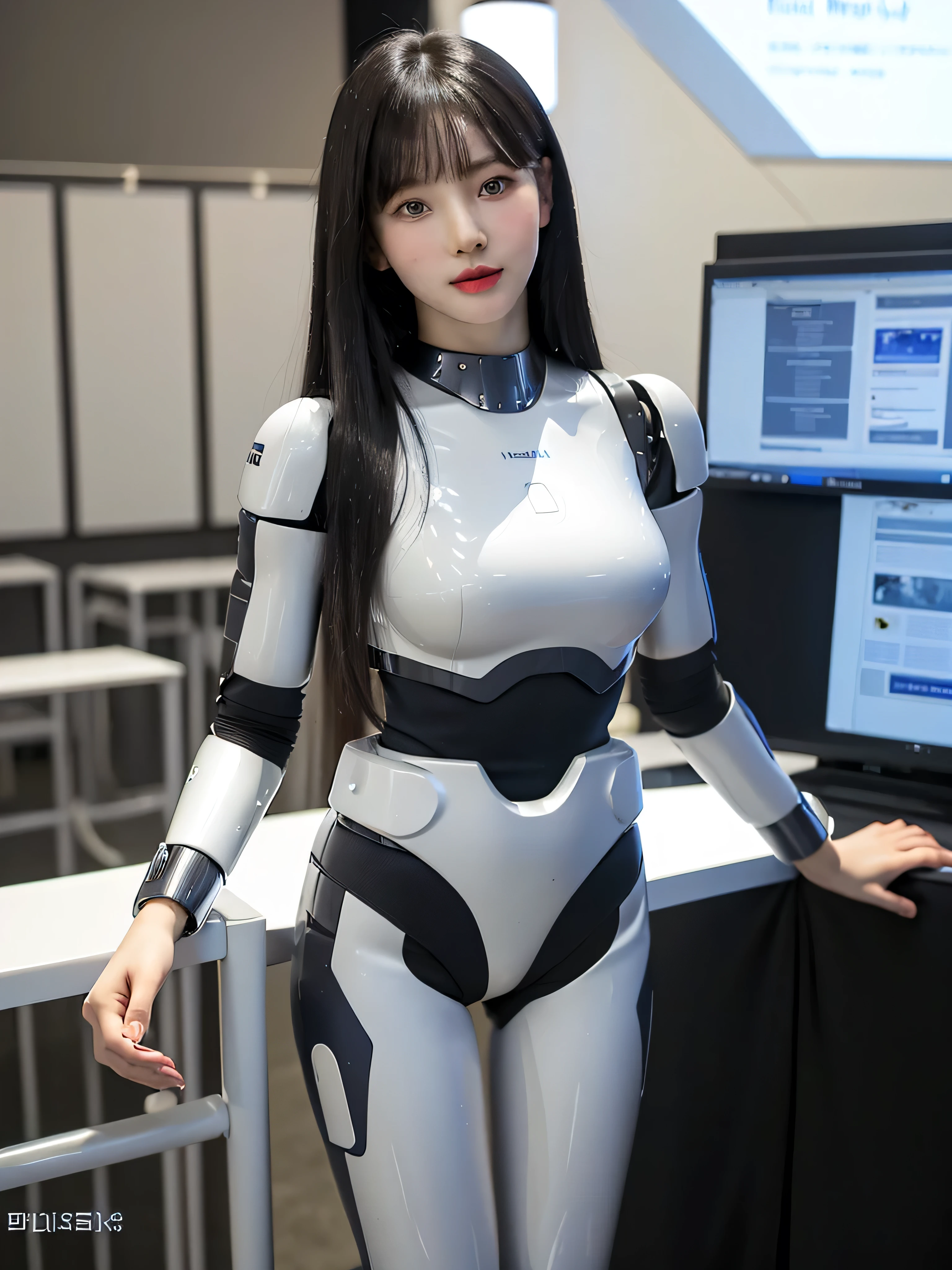 masterpiece, Best Quality, Extremely detailed, (Photorealistic:1.4), (8K, 4K, Best Quality, hight resolution, 超A high resolution:1.1), 8K Portrait,korean android girl,Plump , announcer,control panels,android,Droid,Mechanical Hand, ,Robot arms and legs, Black hair,Mechanical body,Blunt bangs,White Robotics Parts,perfect robot woman,Charging spot,Long Tube,A thick cable was connected to his neck.,ceramic body ,Mechanical body, mechanical ear covers,android,robot humanoid,a bit Chubby,pantiy,complete eyes,Perfect machine body,White robot body,The laboratory of the future,android factory,mechanical ear covers,White and light blue uniform,light blue accent costume, 20 years old, masterpiece, best quality, extremely detailed, (8K, 4K, Best Quality, hight resolution, A high resolution:1.1), 8K portrait,1girl in, Korean android girl, aespa karina, android teacher,Plump , control panels,android,Droid,Mechanical Hand, ,Robot arms and legs, Black hair,Mechanical body,Blunt bangs,White Robotics Parts,perfect robot woman,Charging spot,Long Tube,A thick cable was connected to her neck,ceramic body ,android,robot humanoid,a bit chubby,panty,full eyes,perfect mechanical body,white robotics body,future assembly plant,white body,She has repaired,black sponge joints,android assembly plant,android,laboratory,perfect machine body,white robot body, body by hrp-4c, face by aespa karina, aespa karina's face, blue eyes, sharp face shape, 20 years old, perfect nose shape, small nose, hrp-4c's body suit, robot suit from HRP-4C, face shape from aespa karina, cute face shape, sexy face shape