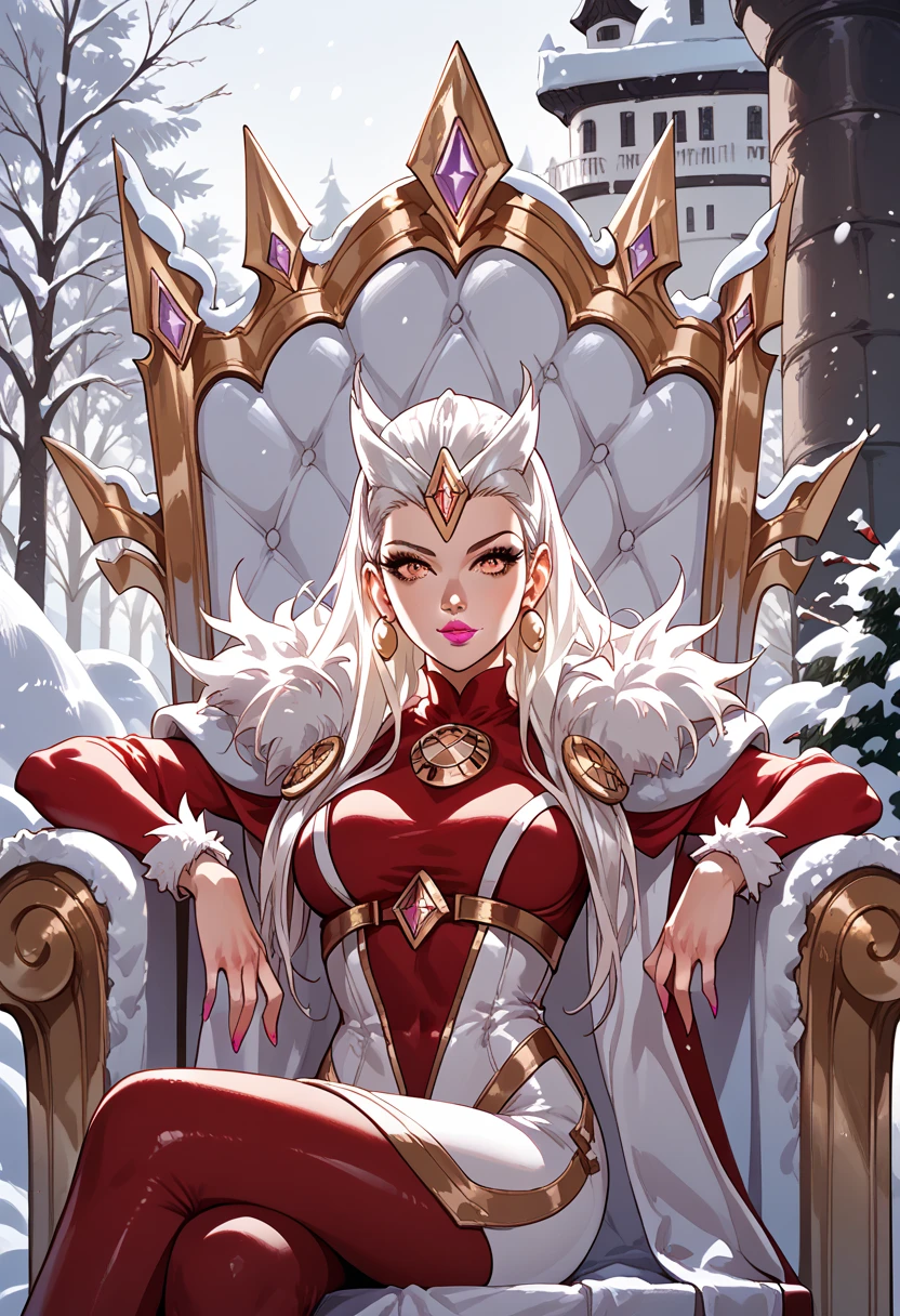 red clothes, white clothes, pink lipstick, white hair, banshee style, amber eyes, woman, snow, sitting on throne, anime style