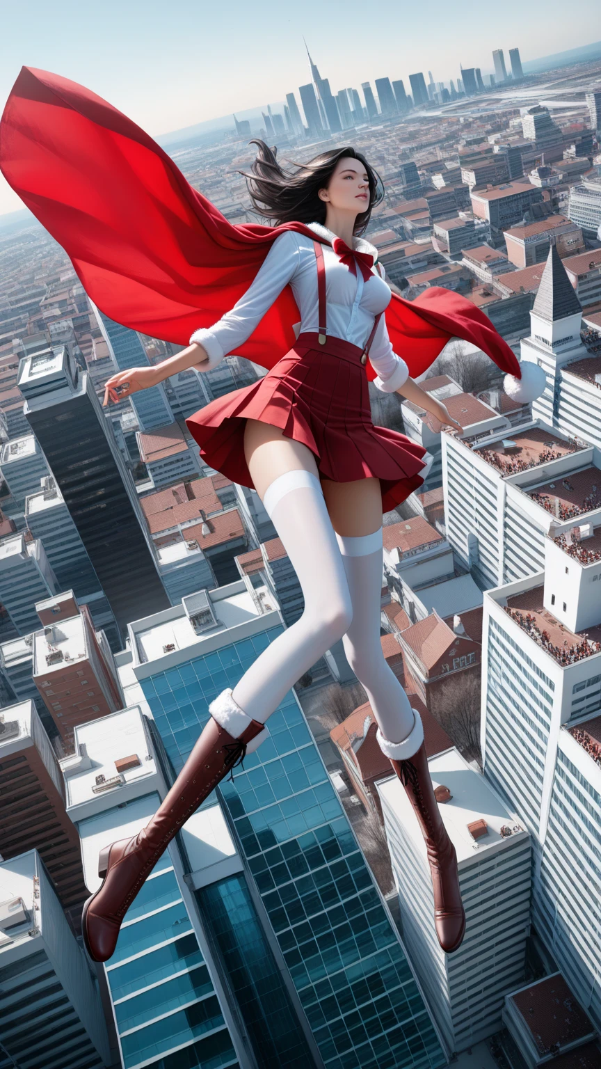 score_9,score_8_up,score_7_up,high res image,masterpiece,best quality,realistic,1girl,santa_costume,white_shirt,(red cape:1.2),(red skirt:1.2),(dynamic_angle:1.3),(medium breasts:1.3),(black hair:1.3),(white suspenders stockings:1.3),(santa_boots:1.2),(floating in the air:1.3),from_above,(many tall buildings below:1.3),