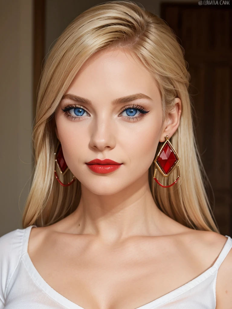 Blonde lady, blue eyes, red lipstick, earrings, white top