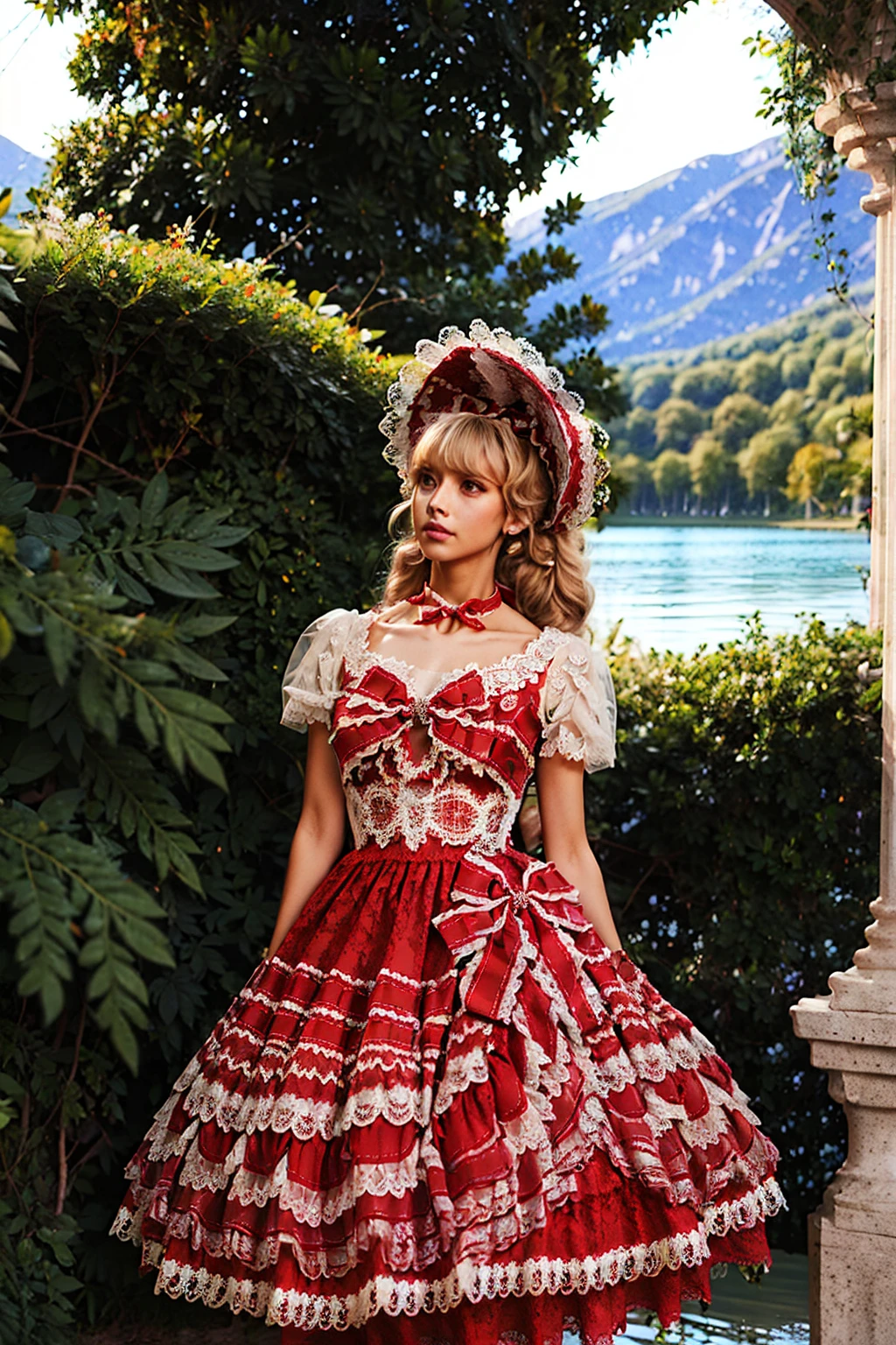 (masterpiece, best quality:1.2),illustration,8k,hd,1 girl,blonde hair,very long hair,solo,(collarbone:1.2),looking at viewer,twintails,
Chrismas G,red dress,short sleeves,puffy sleeves,lace-trimmed dress,frills,lace trim,dress bow,choker,frilled dress,bonnet,ribbon,bare shoulders,big breasts,outdoors,(day, lake:1.5),extremely detailed dress,crystalstexture skin,front view,