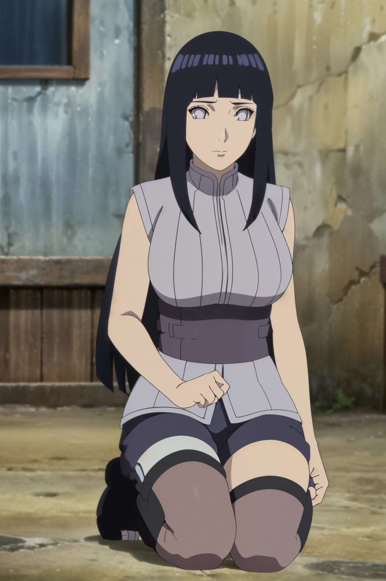 (Art board), (Best quality), (ultra detailed), highres icon, ultra detailed face, perfect lighting , highly detailed computer graphics, ( perfect hands , Perfect anatomy , Perfect body, beautiful eyes , perfect face, is a result of _9, is a result of _8_higher, is a result of _7_higher, issuer_Anime, break, ( one girl ,Alone), shoujo Hinata Hyuga, Dark blue hair , long hair, قصة شعر Short, no phigheril eyes, pale purple eyes, white shirt, ribbed shirt, sleeveless , belt, Short, purple Short, man braces, thigh bag, black over-the-knee socks, knee-high boots,Black shoes , toeless shoes, big _breasts, Familiar, mature, ثديين big ين, outdoors,