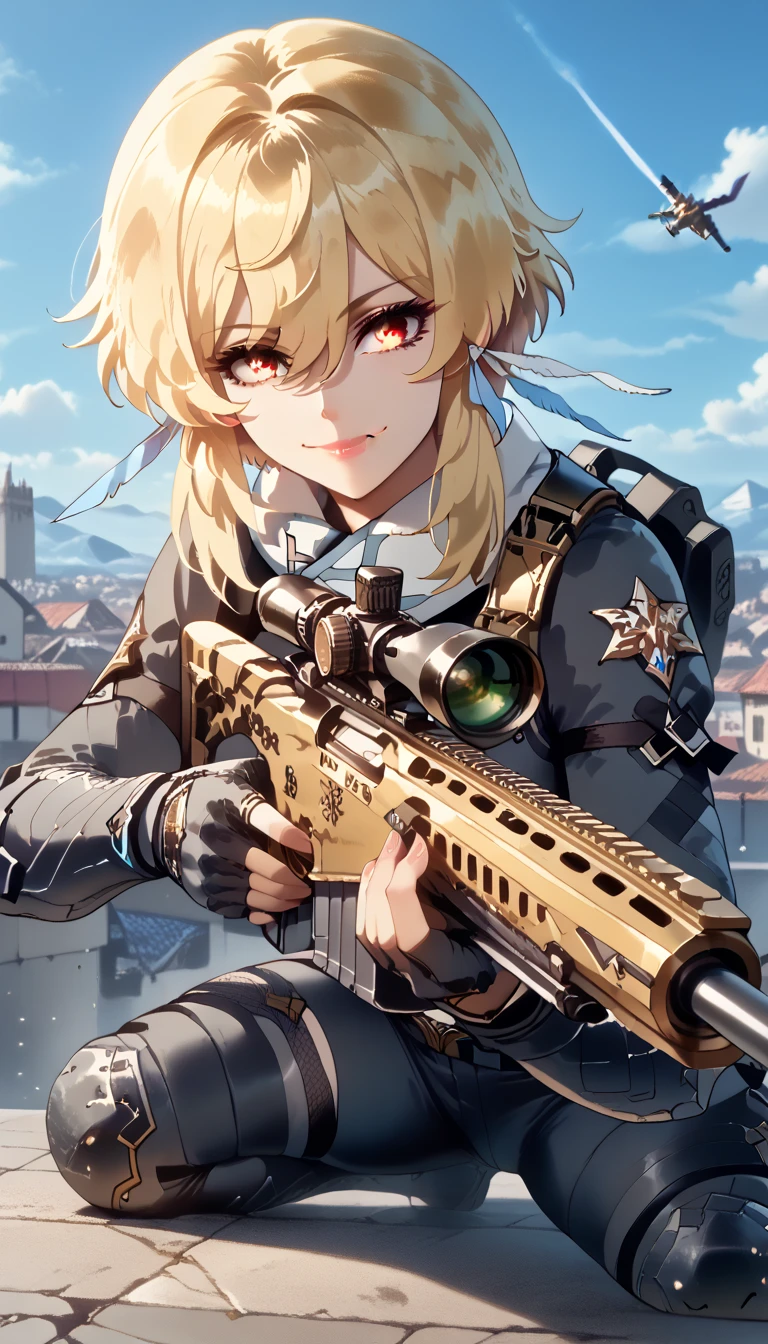 ultra-detailed, 1girl, lumine, ((masterpiece)), (best quality), (highres), 16K, perfect face, yellow eyes, short hair, blonde hair, hair between eyes, bangs, hair ornament, wearing tactical clothes, wearing black thong, black gloves, tactical belt, thighhighs, knee pads, boots, busty body, large breasts and a beautiful ass, showcasing cleavage, legs, hips, (holding Sniper Rifle), looking at viewer, smile, detailed full body, rooftop background