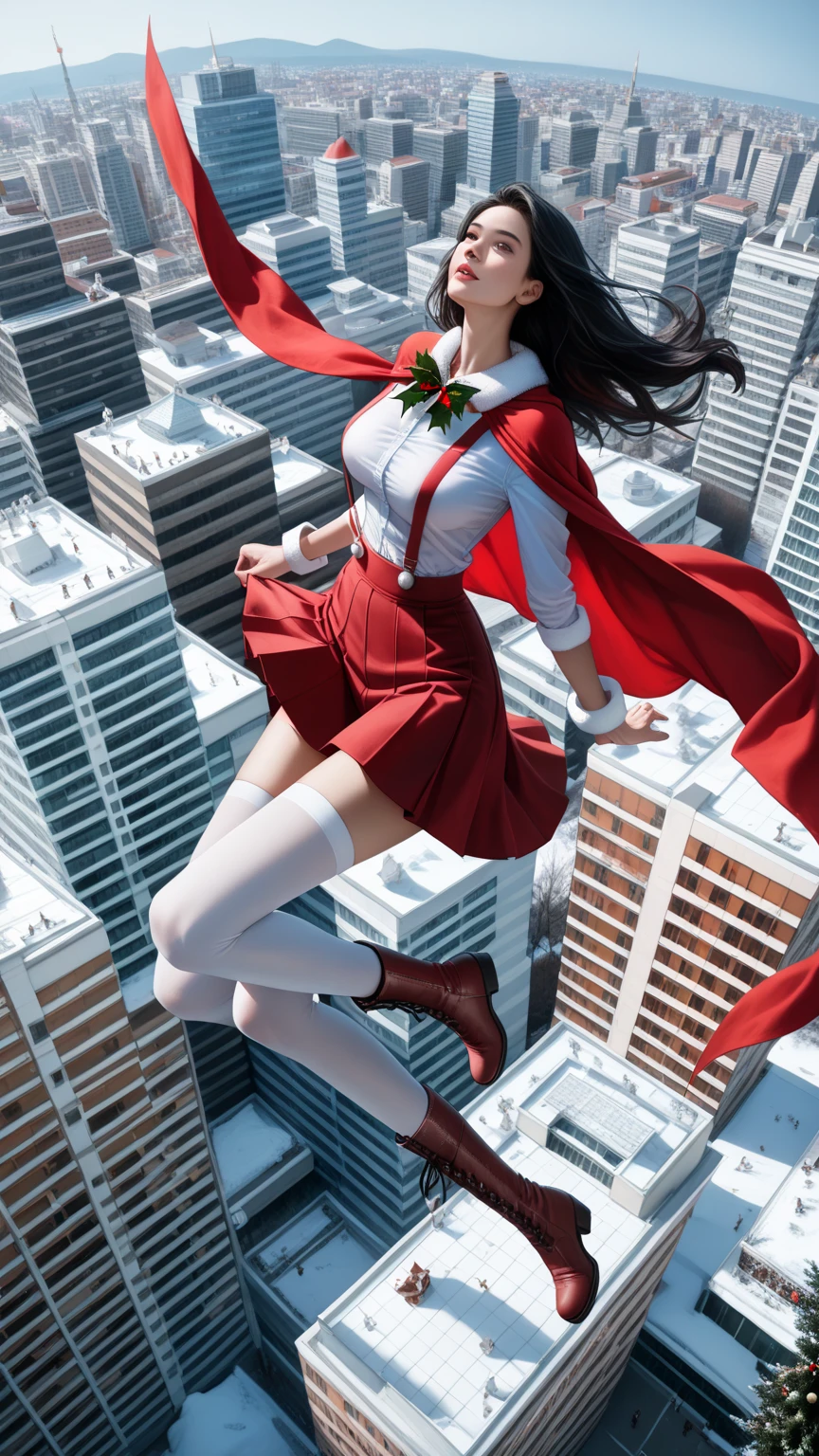 score_9,score_8_up,score_7_up,high res image,masterpiece,best quality,realistic,1girl,santa_costume,white_shirt,(red cape:1.2),(red skirt:1.2),(dynamic_angle:1.3),(medium breasts:1.3),(black hair:1.3),(white suspenders stockings:1.3),(santa_boots:1.2),(floating in the air:1.3),from_above,(many tall buildings below:1.3),