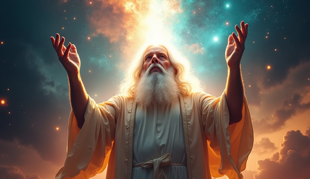 Imagine an epic and stylized scene where God appears as a majestic and energetic figure, surrounded by a vastness of darkness and chaos. His face shines so brightly that it’s unseeable, with a white beard and long, white hair, and colorful nebulae and sparkling particles floating in the air. He raises His hand with authority, while rays of light burst from His fingers, illuminating everything around. In the background, a contrast of darkness is being dissipated by the newly created light, with the idea that He is starting a great cosmic work of art. The expression on God’s face reflects determination and creativity, with a touch of urban and contemporary style to give the biblical moment a modern vibe.